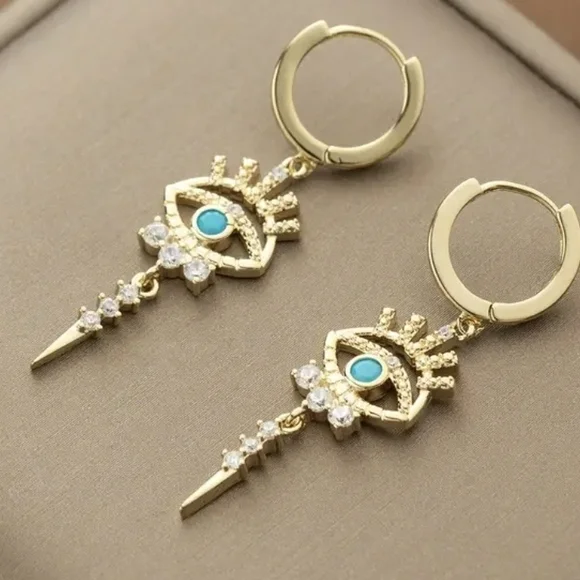 Gold and Turquoise Evil Eye Drop Earrings - Picture 1 of 4